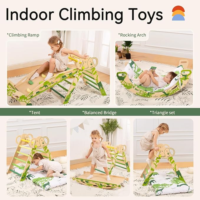 WINGYZ Pikler Triangle Set, Montessori Foldable 8-in-1 Jungle Gym with Reversible Animal Slide, Patent-Protected Climbing Set, Safe 2.35" Gap ASTM F963 Standards for Toddlers 18 Months-7 Years (Green)