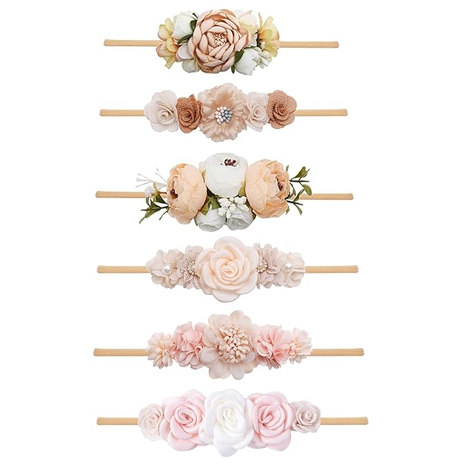 Baby Girl Flower Headband 6 PCS Elastic Hairbands Handmade Nylon Bows Headbands Chic Floral Hair Accessories Kids Gifts for Newborn Infant Toddlers