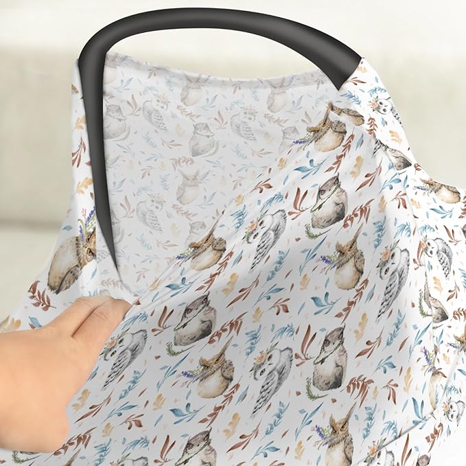 Boho Owls Floral Leaves Baby Car Seat Covers Watercolor Owl Stretchy 5-in-1 Cover Adjustable Car Canopy Breastfeeding Cover Floral Bird Fern Breathable Nursing Cover-Up