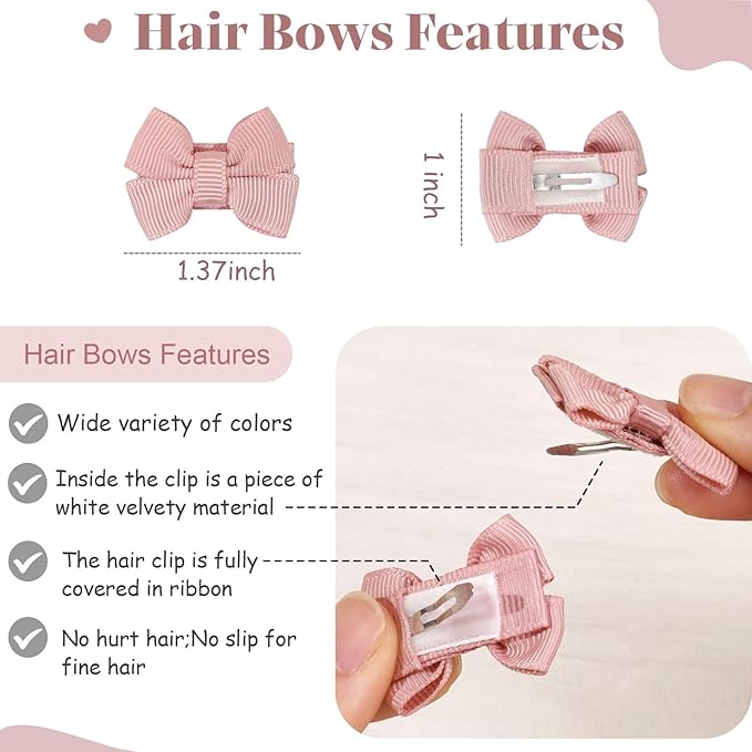 CÉLLOT 40pcs Baby Bows for Girls Mini Bow Snap Clip Baby Hair Clip Grosgrain Ribbon 1.3" Tiny Hair Bows Clips for Baby Girls Toddlers Infant Fine Thin Hair in Pairs