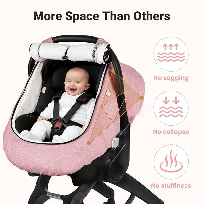 Rquite Car Seat Cover Baby, Winter Carseat Covers Boy Girl, Waterproof Infant Car Seat Cover Warm Car Seat Canopy for Cold Weather, Windproof Baby Carrier/Stroller Cover with 2 Layers Windows, Pink