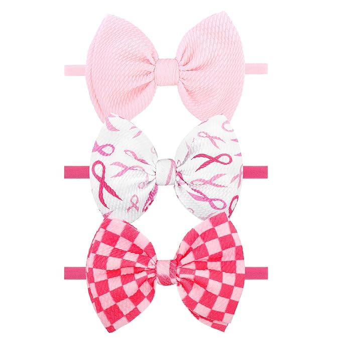 YanJie 3PCS 4.5’’ Breast Cancer Awareness Bows for Baby Girls Pink Headbands Checkered Headband Cancer Awareness Items Hair Accessories for Newborns