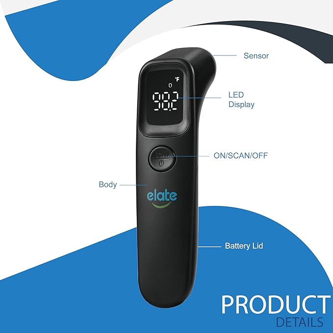 Elate Medical Grade Non-Contact Forehead Thermometer for Adults and Kids, No-Touch Digital Infrared Thermometer for Infants/Newborns, Touchless Temporal Thermometer for Fever, Black