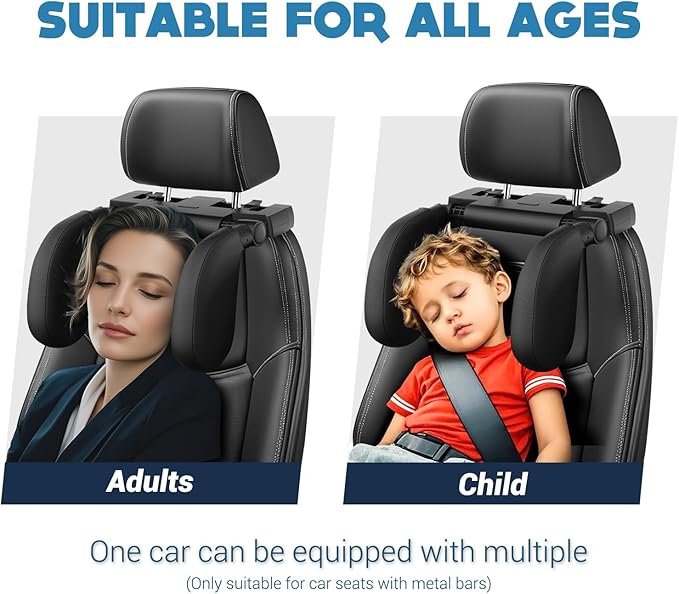 Car Headrest Pillow, [Supersleep] Road Pal Headrest with PU/Sponge Pad, 360° Adjustable Car Seat Head Neck Support, U Shaped Car Sleeping Pillow for Kids & Adults (Black-US Patent Design)