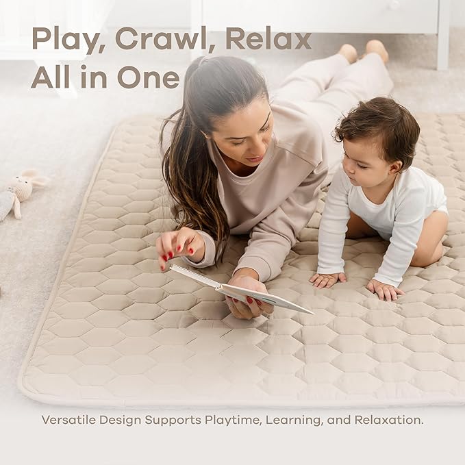 Comfy Cubs Square Kids Play Mat - 56 x 56 inches Soft Quilted Baby Floor Mat with Non-Slip Bottom - Plush Design for Toddlers' Playtime - Comfortable and Durable - Sand