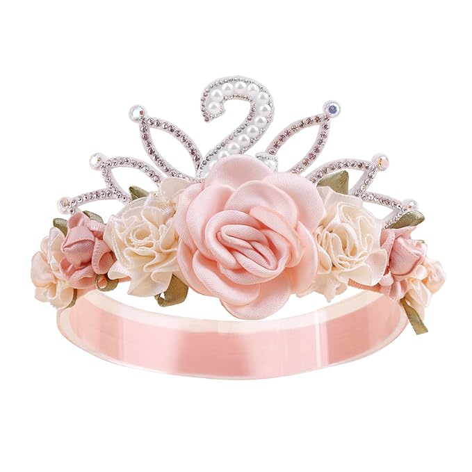cherrboll Flower Headband Birthday Crown for Girl, Floral Nylon Hairband for 1-3 Years Old Toddler, 2nd Birthday Party Dress Photo Decoration Hair Accessory
