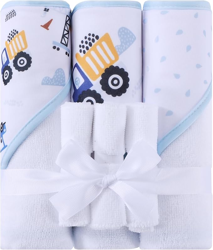 Mooreeke Baby Towel with Hood for Boys Blue Excavator Bath Towel for Babies Ultra Soft Absorbent 3 PCS Baby Towels and 3 PCS Washcloths for Newborn Essentials