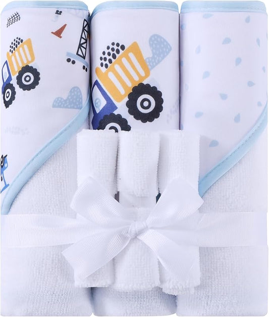 Mooreeke Baby Towel with Hood for Boys Blue Excavator Bath Towel for Babies Ultra Soft Absorbent 3 PCS Baby Towels and 3 PCS Washcloths for Newborn Essentials