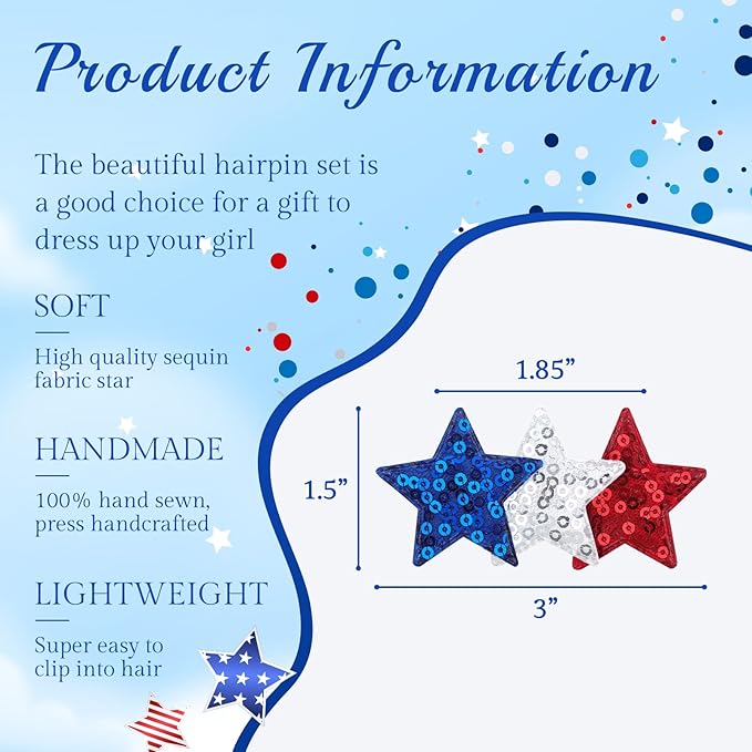 4th of July Baby Hair Clip Patriotic Star Bow Sequin Star Alligator Clip for Newborn Toddler 4th of July Hair Accessories for Kid Blue Red White Bow