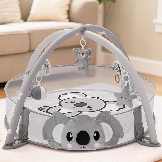 7-in-1 XL Large Baby Play Gym Mat, Tummy Time Mat, Baby Gym & Ball Pit, Baby Activity Mat with Milestone Cards & 6 Detachable Toys for Sensory Motor Skill, Grey Koala