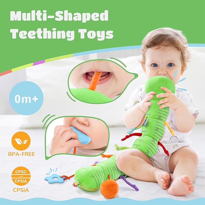 AWOTOY Baby Toys 6-12 Months Music Caterpillar Infant Toys Stuffed Animals 0-3-6 Months Tummy Time Teething Sensory Toys with Mirror Rattle&Pull String for Boys Girls Birthday Gifts|Green,Knot Limb