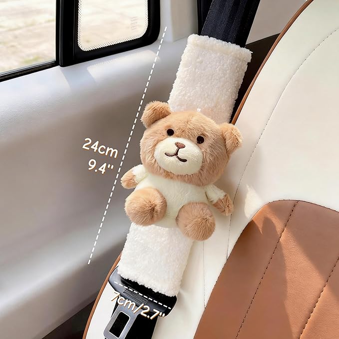 2 PCS Seat Belt Cover Pad, Cute Kawaii Animal Bear Seatbelt Covers for Kids and Adults, Winter Plush Fluffy Soft Seat Belt Cover, Cartoon Seatbelt Cushion,Car Seat Strap Pads (D-Bear)