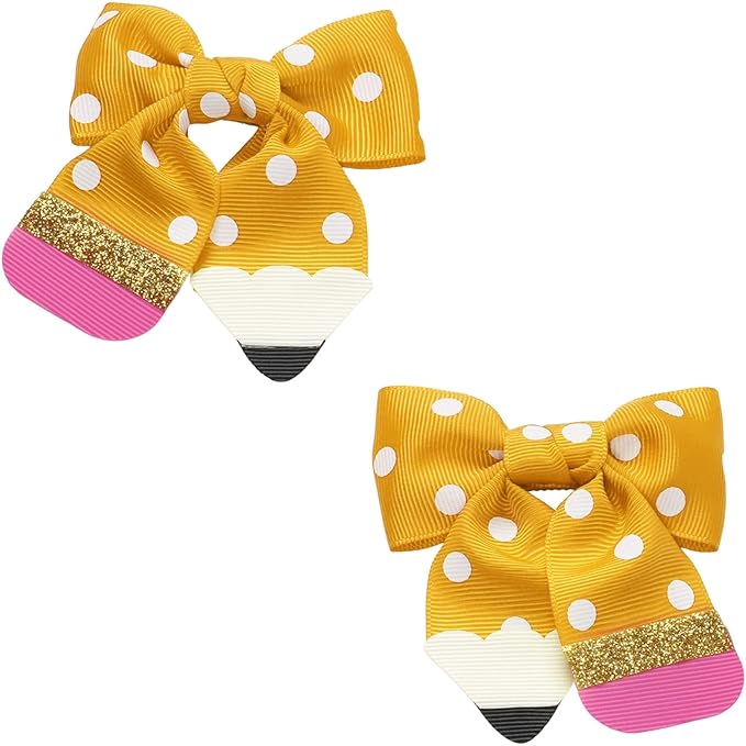 YKW Yellow Polka Dot Pencil Hair Bow Clip for Girls - Cute School Themed Grosgrain Ribbon Accessory with Secure Metal Fastener - First Day Teacher Gift - 3.9 Inch