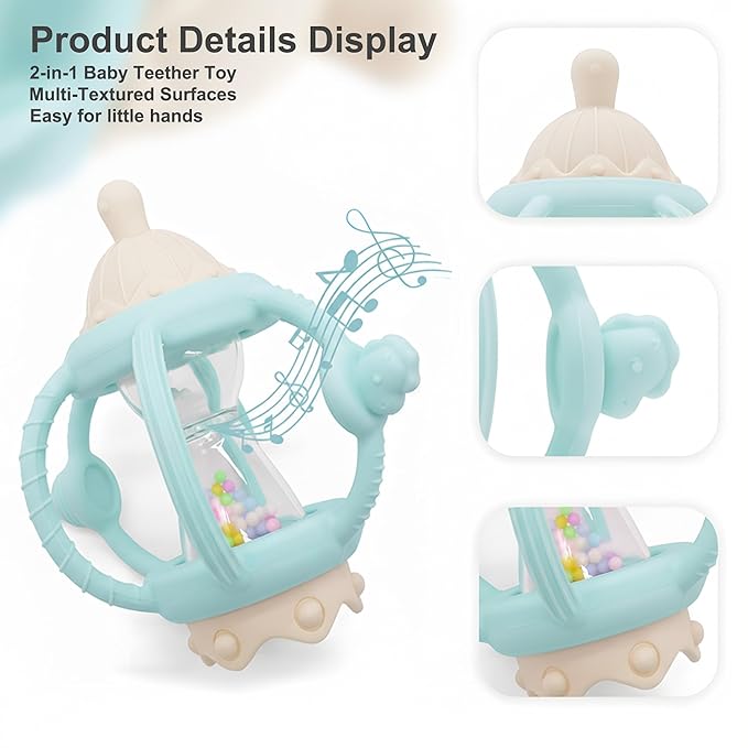 Baby Carousel Teething Toy with Soft Silicone & ABS, 2-in-1 Rattle and Removable Teether Ring, BPA-Free Multi-Sensory Toy for Infants 0–12 Months Newborn Gift for Boys and Girls (Mint Green)