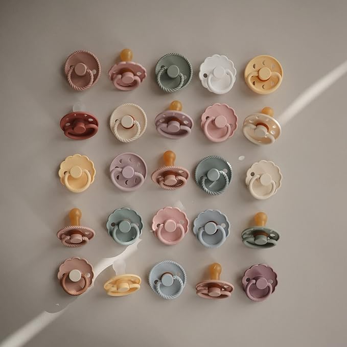 FRIGG Moon Natural Rubber Baby Pacifier | Made in Denmark | BPA-Free (Soft Lilac/Daffodil, 6-18 Months) 2-Pack