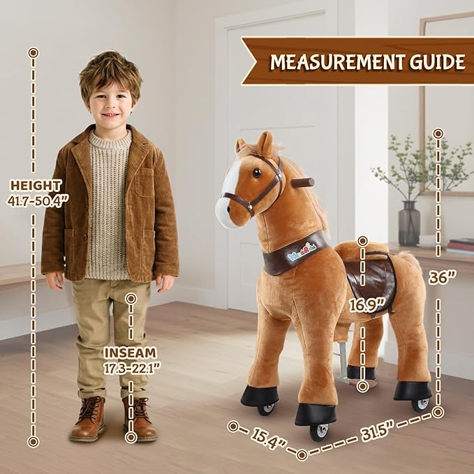 WondeRides Ride on Horse Pony Cycle Brown Toy Size 4 for Kids Age 4-9, 36 Inch Height Riding Horse Plush Rocking Mechanical Walking Animal No Battery or Electricity for Boys Girls M445