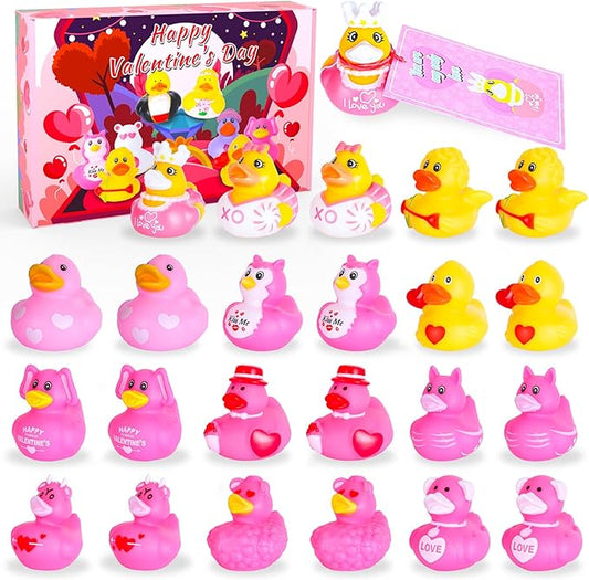 24 PCS Pink Rubber Ducks with Cards and Bands - Bulk Mini Rubber Ducks for Baby Bath Toys, Birthday Party Favors, and Cruise Ship Hiding Fun