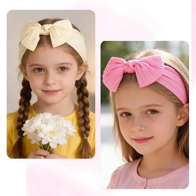 baotongle 3pcs Baby Girls Headbands Soft Stretchy Nylon Hair Bands Hair Accessories with Bows for Newborn Baby Girls Infant Toddlers Kids(White,Light Pink,Beige, 5.7inches)