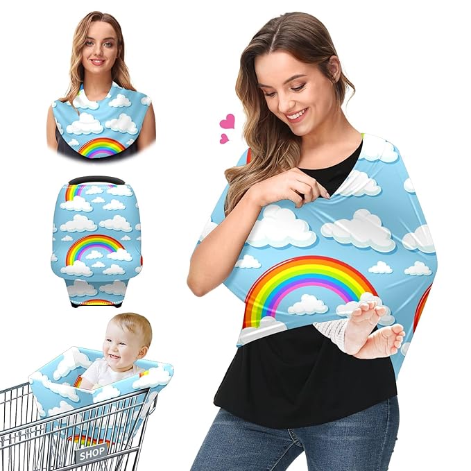 Baby Car Seat Stroller Covers Rainbow Clouds Nursing Cover Breastfeeding Scarf Soft Breathable Stretchy Coverage Carseat Canopy Cover for Boys and Girls Soft Breathable Multi Use