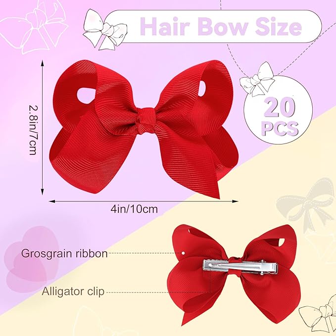 4 Inch Hair Bows,20 Pieces Hair Bows for Girls,Grosgrain Ribbon Hair Bow with Alligator Clips,Red Bows Hair Accessories for Toddlers Baby Girls Kids Teens