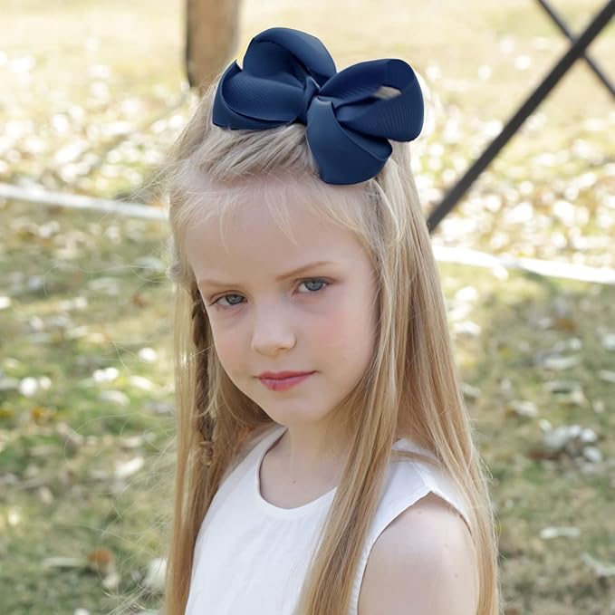 Oaoleer 8PCS Hair Bows for Girls Navy Blue Grosgrain Ribbon Boutique Bow Alligator Clips Hair Accessories for Toddlers Little Girls Kids (8inch, 6inch, 4.5inch, 3inch in Pair)