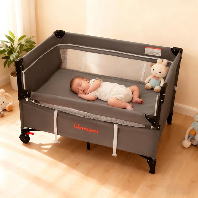 MTWML Portable Baby Bassinet,3 in1 Bedside Crib and Baby Playard & Changing Table with Wheel,1-Second Setup Foldable Playpen with Travel Bag Mosquito Net for Newborn Toddler (DeepGrey)