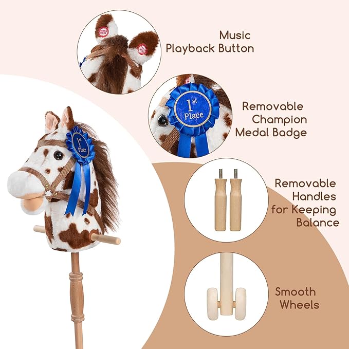 HollyHOME Stick Horse Plush with Detachable Blue Ribbon Champion Hobby Horse on Stick with Wood Wheels Real Pony Neighing for Kids Toddlers Appaloosa 36 Inches(AA Batteries Required)