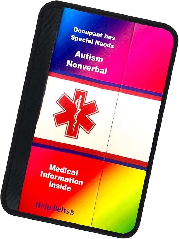 Autism Non-Verbal Awareness Medical Alert Seatbelt Cover for Kids and Adults (9”) with Emergency Information Form and Pocket by Help Belts. (Rainbow/White)