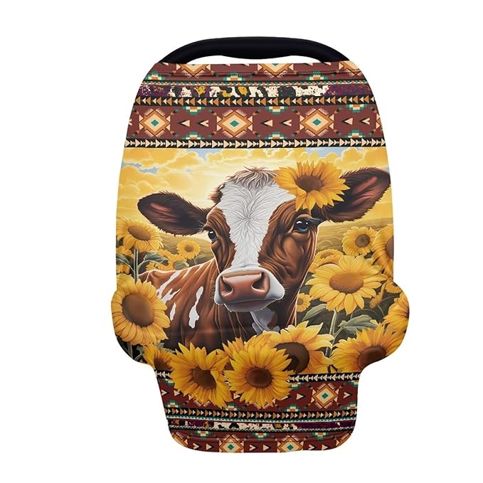 AFPANQZ Stretchy Baby Car Seat Nursing Breastfeeding Cover Breathable Multiuse Infant Carseat Canopy Stroller Cover Scarf for All Seasons Girl Boy Baby Cow Sunflower Yellow