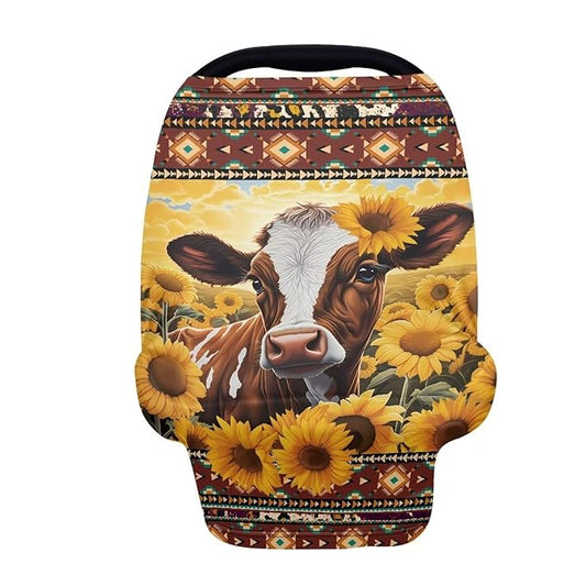 Cow Sunflower Car Seat Covers Dust Cover Decorative Washable Stroller Canopy Covers Lightweight Windproof Stretchy Car Seat Canopy Cover Easy Cleaning