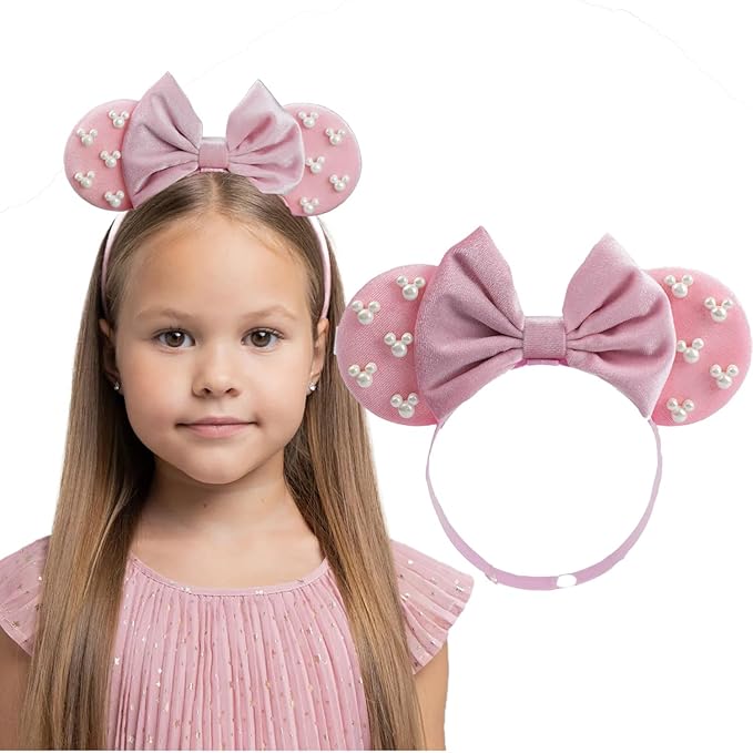 JIAHANG Mouse Ear Hair Bow Headband with Beadings, Adjustable Velvet Hair Bow Hair Band, Fashion Headwear for Newborn Toddlers, Kids