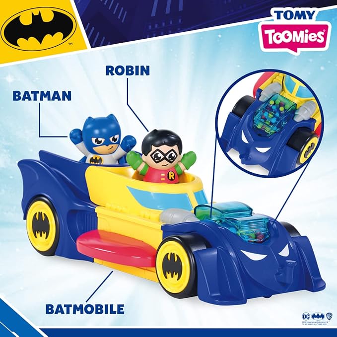 Toomies DC Comics Batman E73262 3 in 1 Vehicle Transforms into Mini Batmobile and Jet, Engine Popping Effect, Flywheel Drive Push Along, from 12 Months