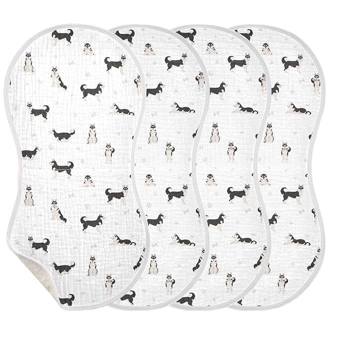 Muslin Baby Burp Cloths, Cute Dogs Siberian Husky Muslin Washcloths Baby Rags Comfy Soft Absorbent in for Newborn Boys and Girls 4 Piece 22 x 11 Inch