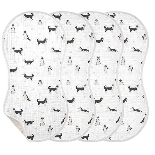 Muslin Baby Burp Cloths, Cute Dogs Siberian Husky Muslin Washcloths Baby Rags Comfy Soft Absorbent in for Newborn Boys and Girls 4 Piece 22 x 11 Inch