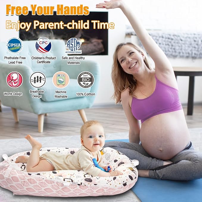 Baby Lounger - Baby Lounger for Newborn, 0-24 Months, Reversible Adjustable Newborn Lounger Baby Nest for Home and Travel, 100% Organic Cotton Washable Infant Lounger Cover, Essential Baby Gift (Pink)