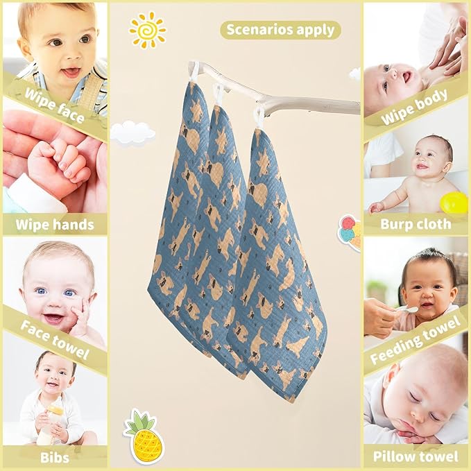 vvfelixl Baby Cotton Washcloths French Bulldog Pug Infants Bath Towel for Unisex Puppy Face Towels for Newborn, Natural Baby Wipes Delicate Skin, 11.8 X 11.8 inch, one sizex5