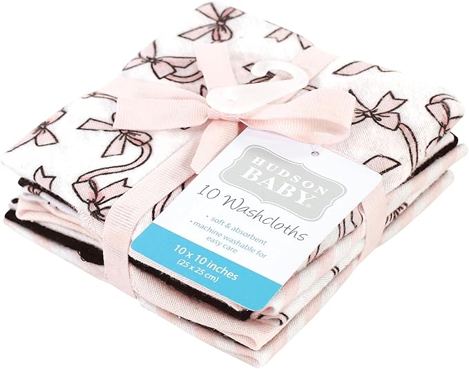 Hudson Baby Unisex Baby Flannel Cotton Washcloths, Pink Bows 10 Pack, One Size