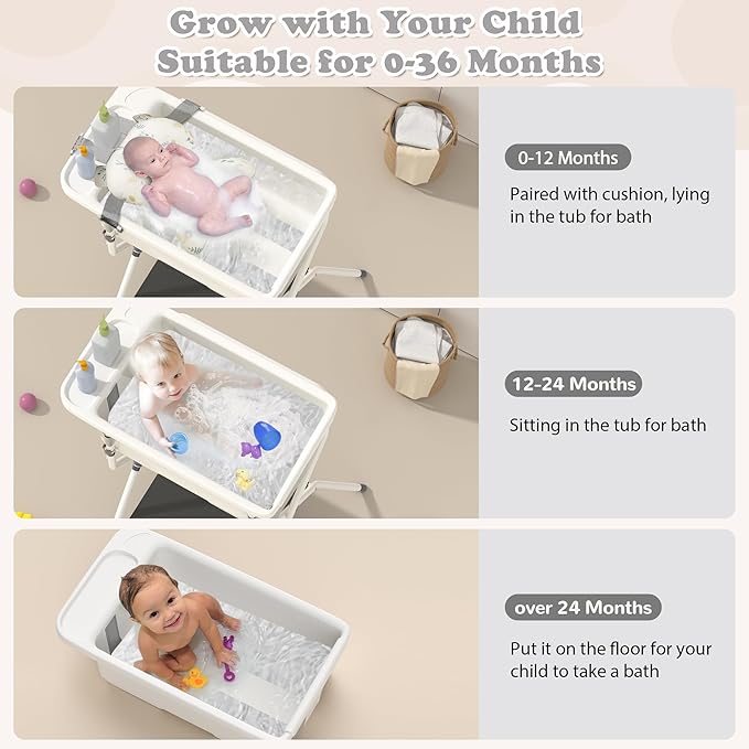 iNeibo Collapsible Baby Bathtub with Stand and Soft Infant Cushion - Suitable for 0-36 Months Toddlers - Back Pain Saving Design