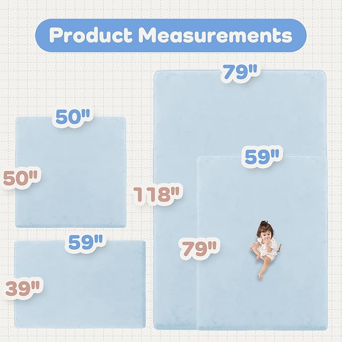 1.5" Thick Baby Play Mat for Floor, 59x79 Playpen Mat, Pro Soft Flannel Foam Mats Toddler Infant Kids Crawling for Nursery Rug Playroom Living Room Waterproof Easy Care Non-Slip (Baby Blue)
