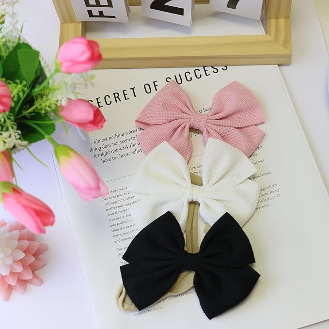 3Pcs Black Baby Girls Bows Elastic Nylon Headbands Toddler Girs Pink Hair Bows White Handmade Bows Hair Accessories Newborn Bows for InfantToddlers Kids