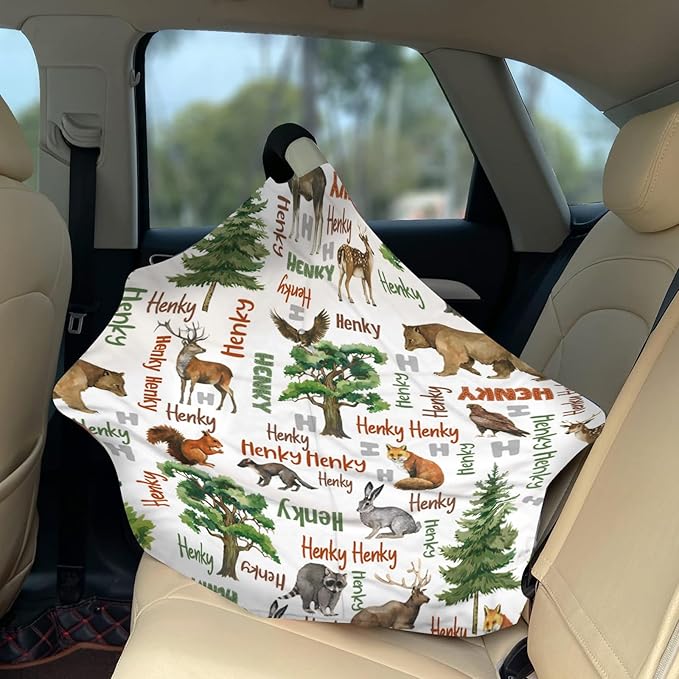 Personalized Baby Car Seat Cover Stroller Canopy: Custom Name Newborn Baby Boy Girl Elastic Animals Nursing Cover for Moms First Birthday Gift Forest Bear Fox(one Size)