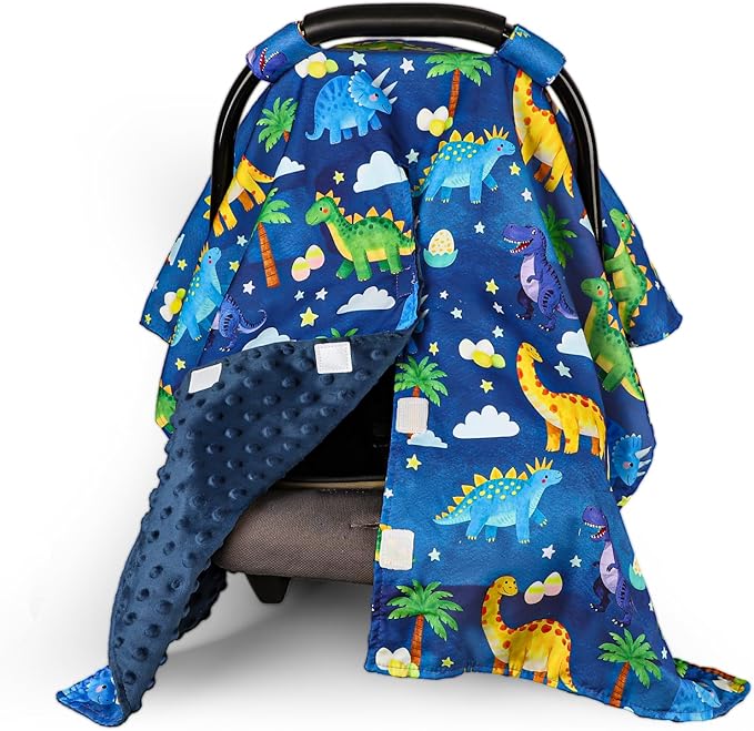 Hooyax Peekaboo Car Seat Cover for Baby Boy - Warm Minky Carseat Canopy with Adjustable Opening, Universal Fit for Infant Car Seats & Strollers, Soft Nursing Cover & Blanket (Dinosaur)