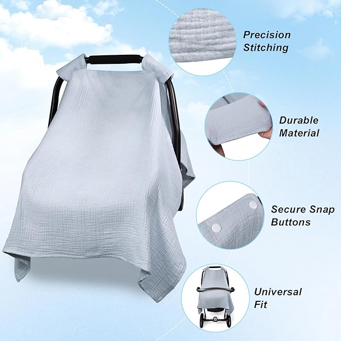 Car Seat Cover Baby, Soft Muslin Cotton Baby Car Seat Cover, Lightweight Breathable Infant Carseat Cover for Sunshade and Privacy, Car Seat Covers for Babies (Dusty Blue)