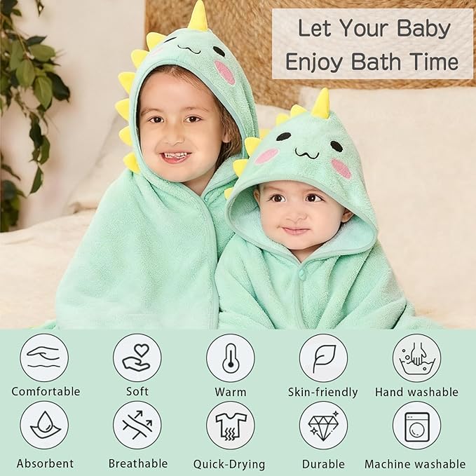4 PCS Hooded Baby Towel Set, 32x32 Inch Absorbent Baby Bath Towels, Soft Hooded Towels and 3 PCS Washcloths, Unisex Baby Gift Set for Newborns, Babies, Toddlers (Green)