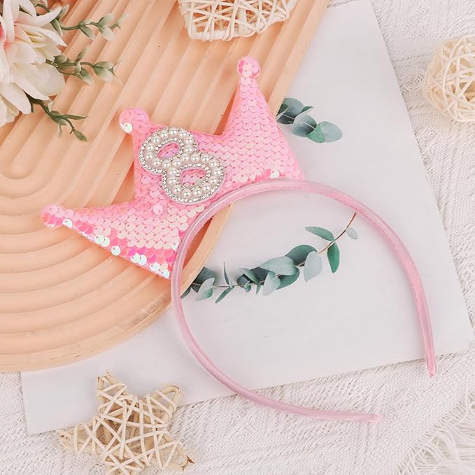 Birthday Crown Headband Pink Glitter Headbands for Girls Gifts for 8 Year Old Girls 8th Birthday Decorations