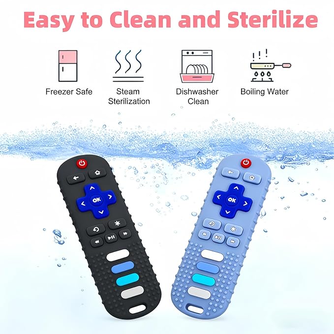 2Pcs Baby Teething Toys, BPA-Free Food Grade Silicone Baby Remote Control Teething Toy for 3-18 Months, Baby Remote Teether, Newborn Teething Relief TV Remote Shaped Toy (Black&Blue)