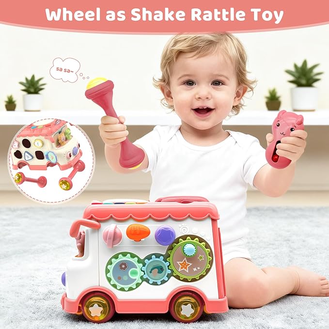 Baby Bus Toy for 1 Year Old Girl Gifts, Montessori Musical Bus Toy for Baby 12-18 Months, Baby Piano Drums for Toddlers 1-3, Shape Sort Toys 1st Birthday Gifts for Girls
