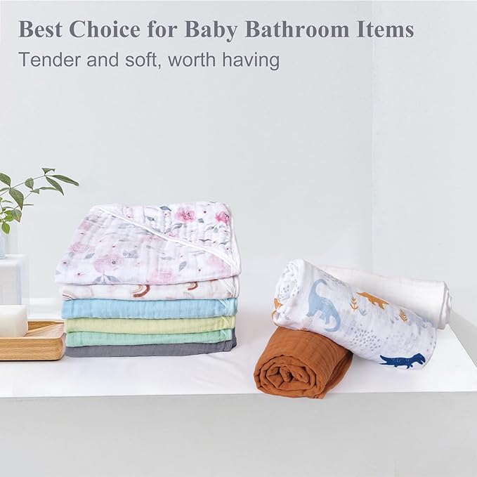 PHF 2 Pack Baby Hooded Towels, 100% Muslin Cotton Baby Bath Towel with Hood for Newborn, Infant, Toddler, Ultra Soft and Absorbent Baby Essentials Bath Towels for Boys Girls, 32x32Inch, Rainbow