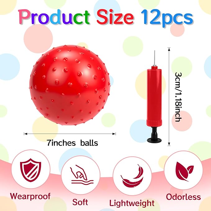 12PCS Bouncy Balls for Kids Toddlers, 7 Inch Sensory Balls Spiky Massage Stress Ball Bulk with Air Pump, Indoor Outdoor Sports Sensory Toys & Party Favors (6Colors)