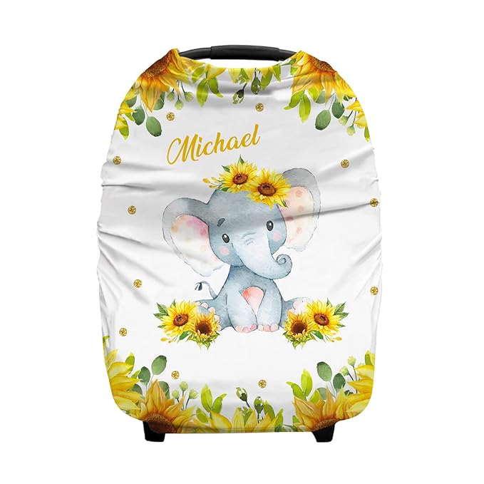 Personalized Baby Car Seat Covers with Name, Custom Nursing Cover Breastfeeding for Babies, Carseat Canopy for Girls and Boys, Infant Stroller Cover, Breathable Carseats Cover (Elephant Sunflower)